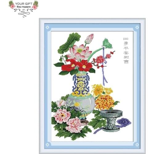 Joy Sunday H116(2) Free Shipping 14CT 11CT Stamped and Counted Home Decor Peace In Seasons Ruyi Flowers Embroidery Cross Stitch