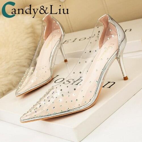 European American Pointed-Toe Crystal Transparent High Heels Thin Heeled High-Heel Slimming Sandals Shallow Mouth Womens Shoes