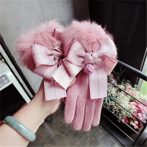 Womens Winter Wool Gloves Real Rabbit Fur Elegant Bowknot Female Mittens Cashmere Gloves