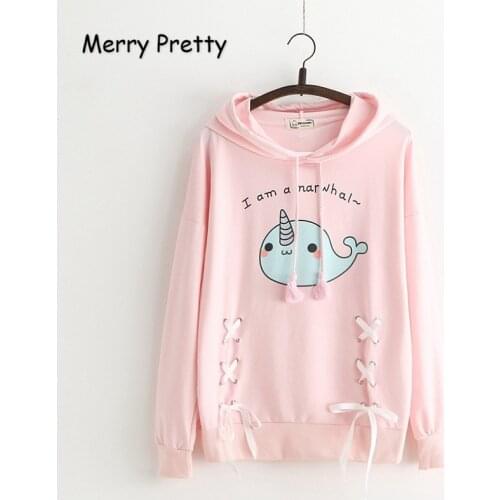 MERRY PRETTY Cartoon Unicorn Print Hooded Sweatshirts 2018 Autumn Long Sleeve Cooton Cute Pullovers Femme Lace Up Sweet Hoodies