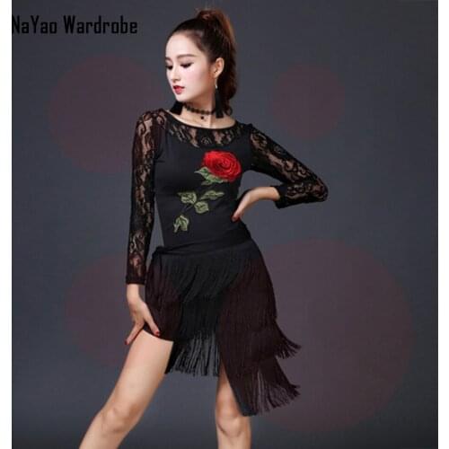 2021 New LK36 Female Latin Dance Dress Women Tassel Lace Patchword Belly Performamnce Dancing Skirt and Tops for Modern Dance