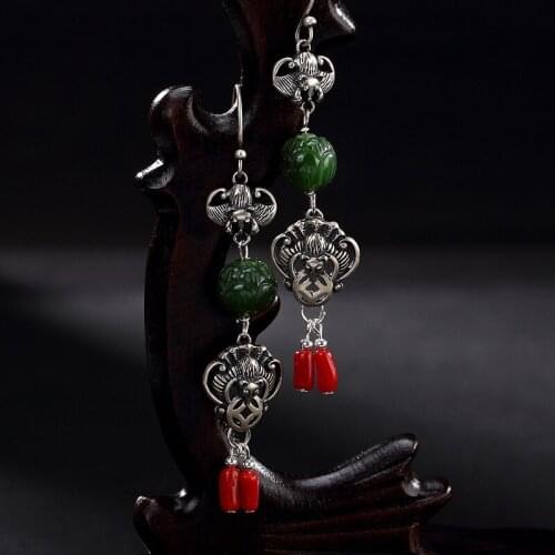 2018 Real Limited One Deer S925 Pure Antique Mosaic Real Jade Lotus Bat Blessing In Front Of Lady Earrings Earrings