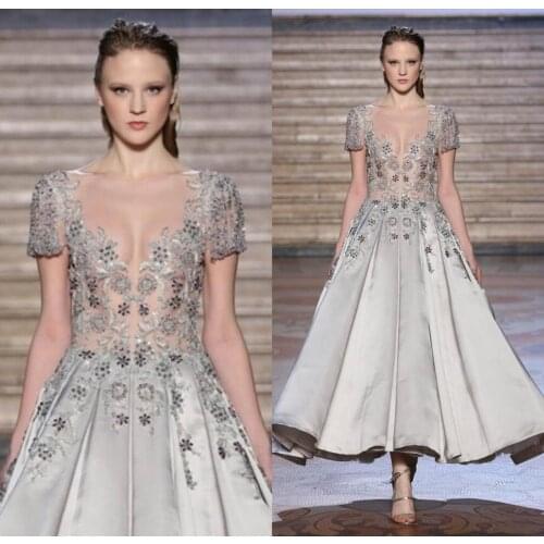 2020 Ankle Length Evening Dresses Jewel Neck Floral Appliqued Short Sleeves Prom Dress Custom Made Specail Occasion Party Gowns