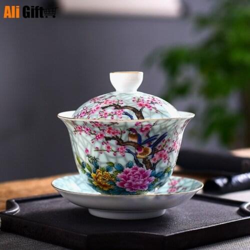 Art Bird Gaiwan Ceramic Porcelain Flower Big Tea Bowl with Saucer Lid Kit Master Tea Tureen Drinkware Gift Home Decor Crafts