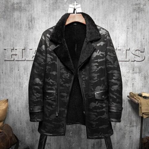 B3 Jacket Mens Shearling Leather Jacket Black Camouflage Original Flying Jacket Mens Fur Coat Long Pilots Coat