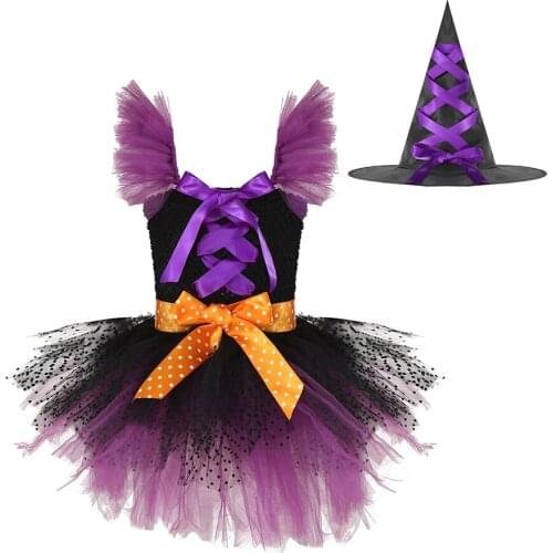 Halloween Kids Girls Witch Costume Cosplay Outfit Strap Lace Up Mesh Tutu Dress With Pointed Hat Set For Carnival Party Dress Up