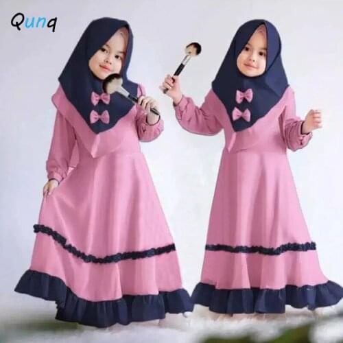 Qunq Girls Muslim Long Dress with Hijab Two Piece Spring Fall Kids Clothes for Girl Toddler Children 1 2 3 4 5 Year Outfits