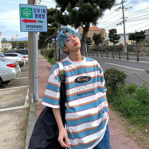 INS Harajuku Cotton Men Summer Urban T-Shirts Street Hip Hop Oversized Striped Short Sleeve Couple Trendy Loose Retro Tops