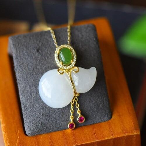 Independent design inlaid zircon natural Hetian jade gourd oval gilt necklace pendant exquisite light luxury silver jewelry