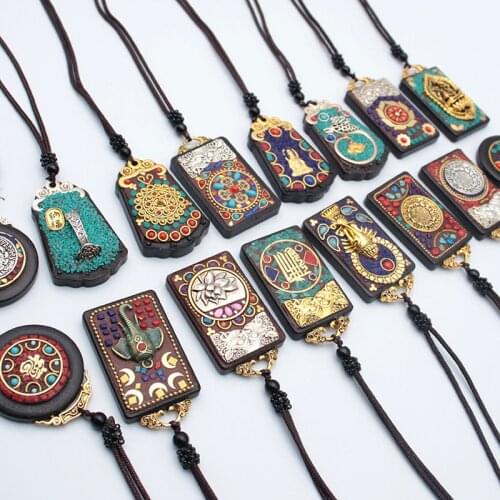 2021 New Handmade Nepal Necklace Buddhist Mala Wood Beads Pendant & Necklace Ethnic Horn Fish Long Statement Jewelry Women Men