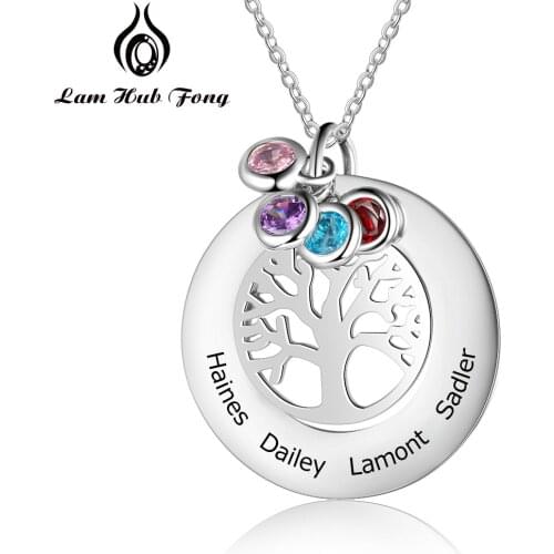 Personalized Family Tree Necklace Custom Tree of Life Necklace Engraved Name Stainless Steel Jewelry Women Gifts (Lam Hub Fong)
