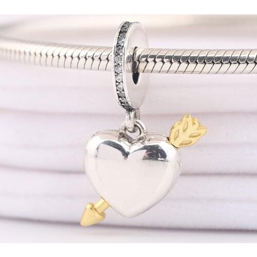 Authentic S925 Silver Shine Arrow Of Love With Crystal Pendant Hanging Charm for Women Bracelet Bangle DIY Jewelry