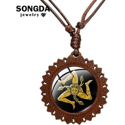 SONGDA Sicilian Pride Trinacria Pendants and Necklaces Trendy Retro Wooden Neck Chains Adjustable Choker Gift Jewelry for Women