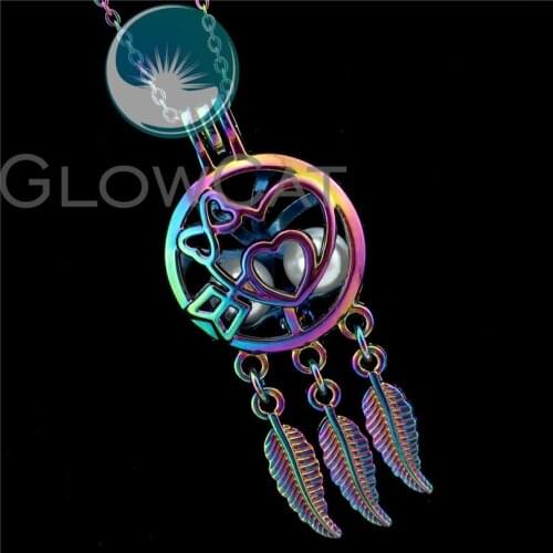 R-C763 Rainbow Heart Arrow Dream Catcher Beads Cage Pendant Perfume Diffuser Aromatherapy Pearl Cage Locket Necklace