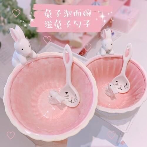 Pink cute rabbit ceramic bowl student breakfast cereal bowl stereo rabbit instant noodle bowl
