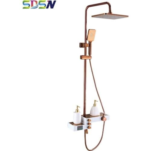 SDSN Digital Shower Set Rose Gold and White Shower System Hot Cold Digital Bath Shower Set Bathroom Faucet ABS Shower Head Sets