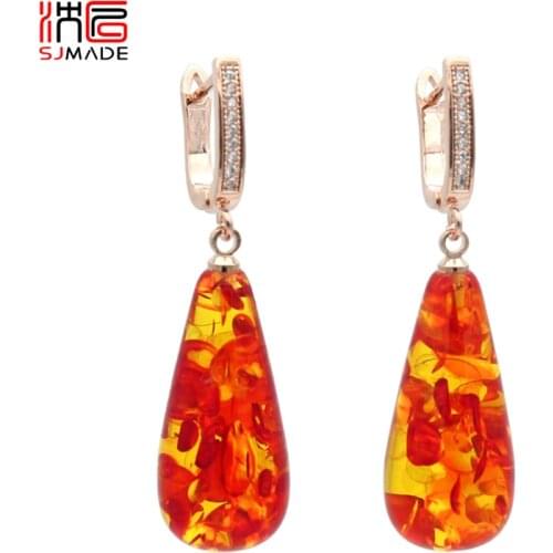 SJMADE Vintage 585 Rose Gold White Gold Water Drop Dangle Earrings Temperament Flower Ambers Eardrop Women Wedding Party Jewelry