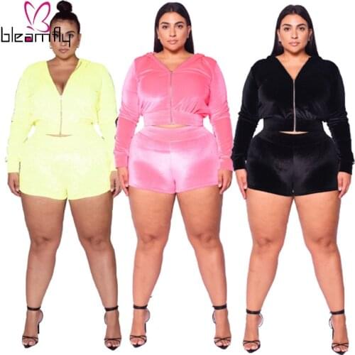 Winter Fall Plu Size 2 Piece Shorts Set Women Sportswear Velvet Tracksuit Long Sleeve Hoodies Tops And Shorts Large Size 4XL