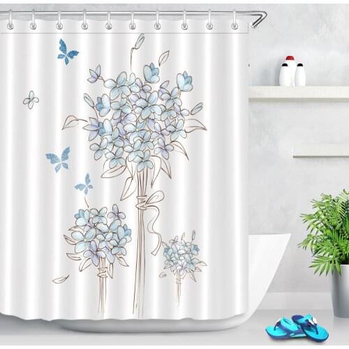 Light Blue Flower Butterfly Pattern Shower Curtains Watercolor Floral White Background Fabric Bath Curtains For Bathroom Decor