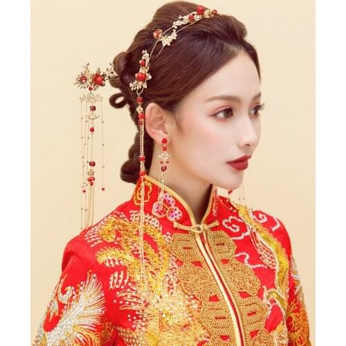 Traditional Chinese Hairpin Gold Hair Combs Wedding Hair Accessories Headband Stick Headdress Head Jewelry Bridal Headpiece Pin