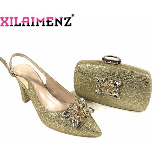 High Quality 2020 Spring Design African Ladies Party Matching Shoes and Bag Set in Golden Color Italian Women Shoe and and Bag