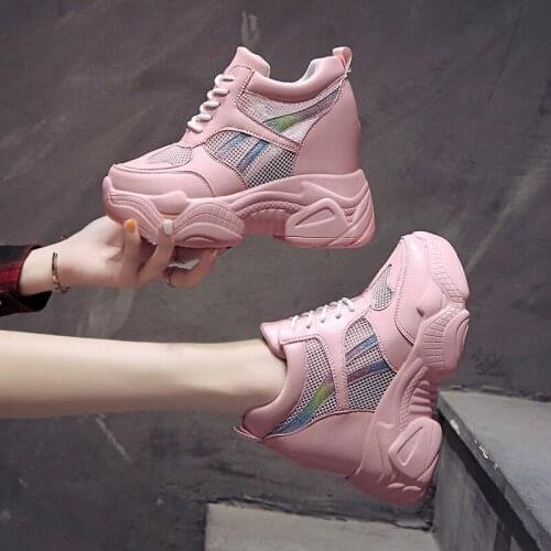 Womens sports shoes spring and autumn new all-match net surface breathable thick bottom inner increase comfortable casual shoes