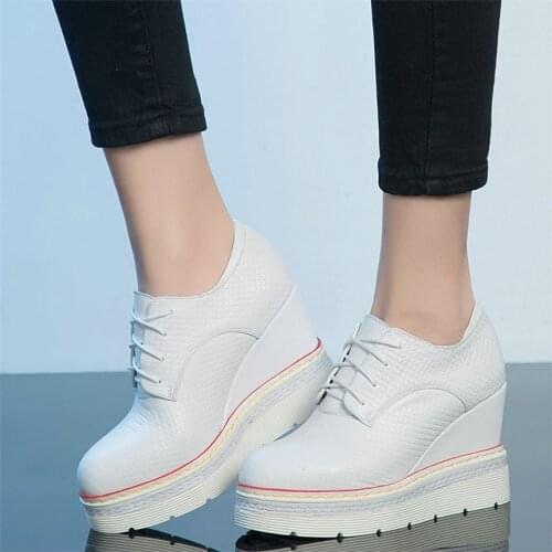Women Cow Leather Wedge High Heel Ankle Boots Female Round Toe Walking Platform Pumps Shoes Ladies Lace Up Sneakers Casual Shoes