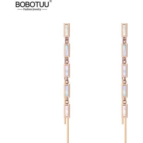 BOBOTUU Titanium Steel Bohemia Tassel Long Earrings Jewelry Rose Gold Black Acrylic Vacation Dangle Earrings For Women BE19143