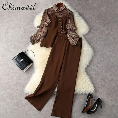 2021 Fall Womens Clothing 2pcs Set Fashion Vintage Stripe Patchwork Puff Sleeve Blouse Elastic High Waist Flared Pants Outfit