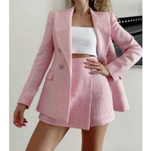 Boho Inspired New Women Sets Autumn long sleeve double breasted Blazer shorts pink 2 piece set Lady fashion textured Short Suits