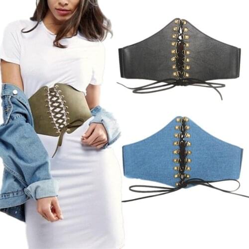 Hot Womens ultra Plus wide belt Jeans Fabric Elastic corset Belt Punk Rivet Tied Waist belt Girl Clothes Decoration