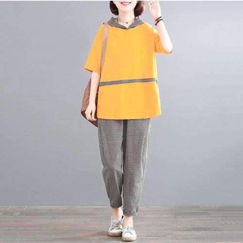 2021Summer Plus Size Tracksuits Ladies Fashion Hooded Tops And Plaid Harem Pants Womens Vintage Two Piece Sets Casual Streetwear