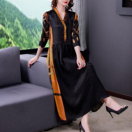 2021 Black Print Mulberry Silk Vintage Midi Dresses Spring Summer Loose 3XL Plus Size Dress Women Elegant Bodycon Party Vestidos