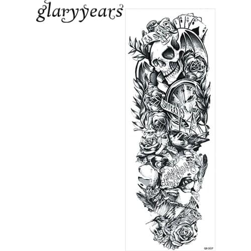1 Sheet Big Large Full Arm Tattoo Sticker Temporary Waterproof Skull Rose Flower Clock Women Men Body Art Tattoo Sticker QB-3037