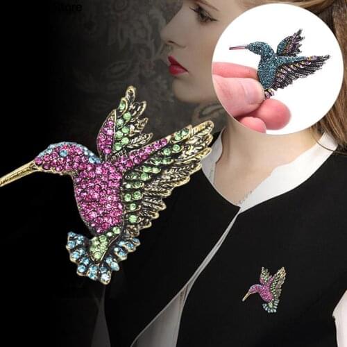 1 x Red Blue Vintage Crystal Rhinestone Hummingbird Brooches Women Men Vintage Animal Brooch Pins Gifts