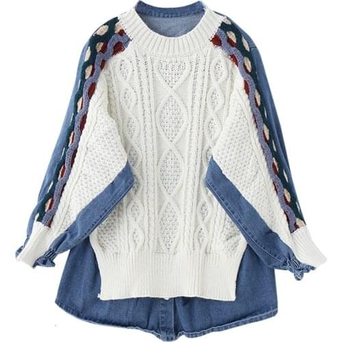2020new autumn patchwork Sweater Split Joint denim Split Joint Knitting Pullover batwing sleeves