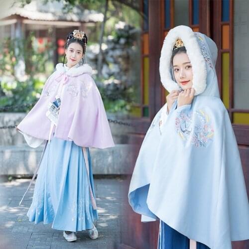 Free shipping ancient costume thickened double faced cloth Cape Chinese style embroidery real hair collar Cape Han element coat