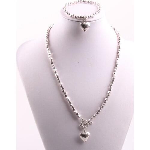 Free shipping Rhodium Plated Fashion Alloy Square Beads Hammered Heart Necklace & bracelet jewelry set for women holiday gift