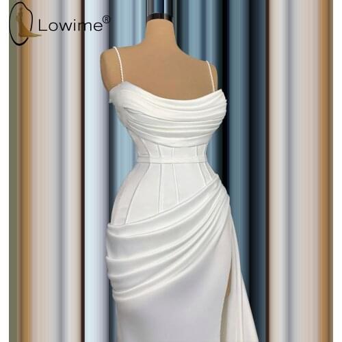 Ivory Sexy Spaghetti Strapless Mermaid Prom Dresses 2020 High Split Pleat Floor Length Satin Party Dress Formal Dress