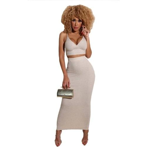 Women Sexy Suit Club Two Piece Sets Split Party Bodycon 2 Pieces Outfits V-Neck Crop Top Knitted Long Skirt Sleeveless M0383