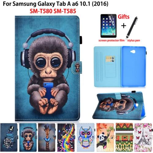 SM-T580 Case For Samsung Galaxy Tab A A6 10.1" 2016 SM-T585 T580 T585 Cover Funda Cartoon monkey Flip Stand Shell Capa +Gift