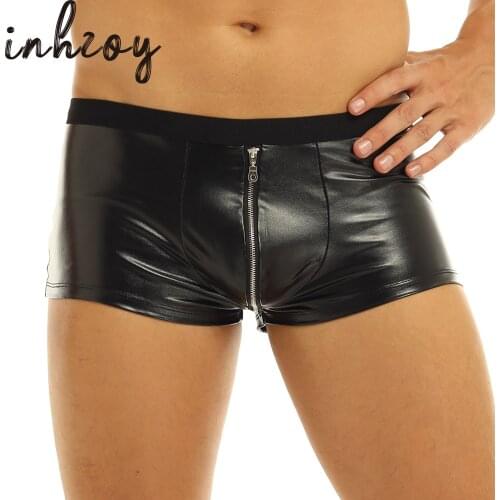 Inhzoy Men Club Shorts Lingerie Wet Look Boxer Briefs Zipper Open Crotch Jockstraps Bulge Pouch Sexy Male Underwear Underpants