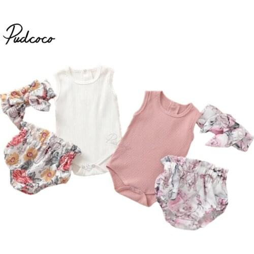 Newborn Baby Girls 3-piece Ribbed Outfit Set Sleeveless Romper+Floral Print Shorts+Headband Set Summer Outfits
