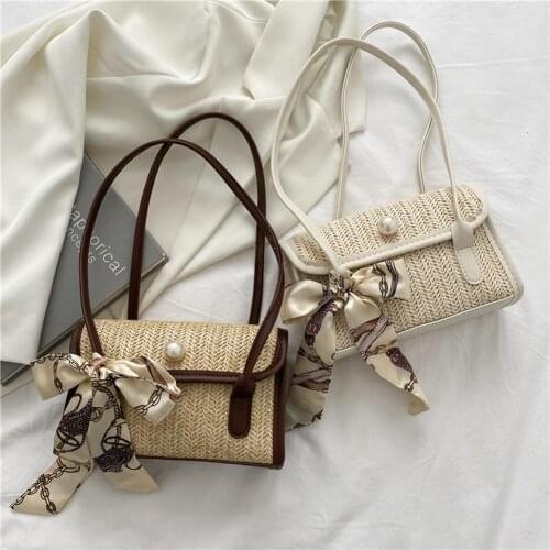 Handmade Purse Wicker Beach Bag Handbag Fashion Women Straw Woven Silk Scarf Underarm Bag Pearl Top-Handle Flap Handbags