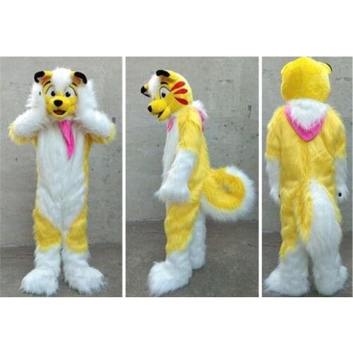 Halloween Fursuit Yellow Long Fur Husky Fox Dog Fox Mascot Costume Suit Animal Unisex Adult Cosplay Party Game Outfit Dress Xmas