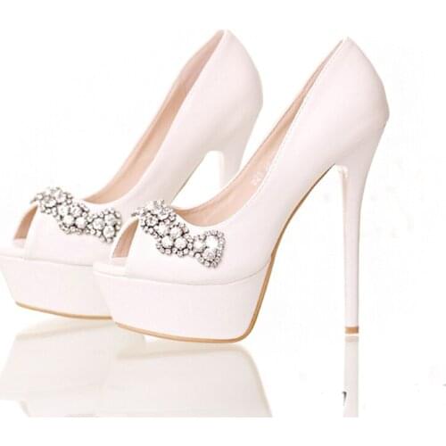 Red Pink Color Platform Bride Dress Shoes Stiletto Heel Bridesmaid Shoes White Peep Toe High Heels Crystal Wedding Party Shoes