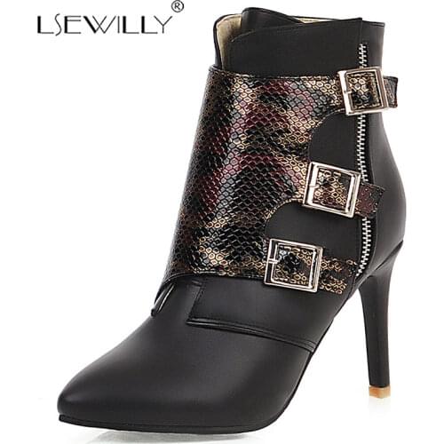Lsewilly women shoes winter new warm fashion sexy pointed toe ankle boots outside super high heel buckle mix color shoes K204