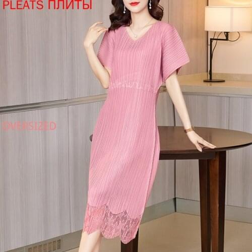 Miyake Pleated Dress Summer New Loose Large Size Lace Dress Pleats Vestido De Mujer Robes Robe Femme Vestidos Shein
