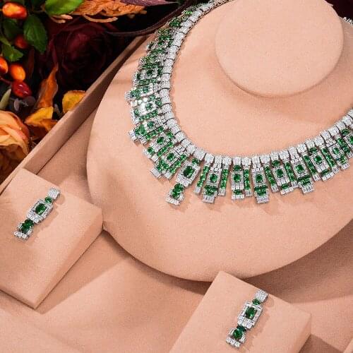 Trendy Luxury Gorgeous Classic Geometric square Pendant Necklace Earrings Set for Women Ladies Girl Best Gift Bridal Wedding