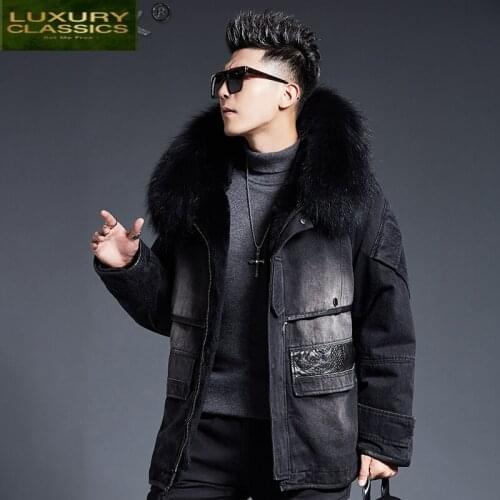 Real Rabbit Fur Liner Parkas Coat Men Clothing 2021 Streetwear Jeans Natural Raccoon Fur Hooded Fur Jacket Hiver 91H19069